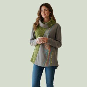 Boho Hippie Retro Trippy Green Embroidered Women's Sweatshirt Cowl Neck Lrg NWOT